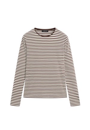 Triko s dlouhým rukávem a kulatým výstřihem s horizontálními hnědými a bílými pruhy, rovný lem a přiléhavý střih.