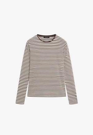 Langarmshirt mit Rundhalsausschnitt, horizontalen braunen und weißen Streifen, geradem Saum und figurbetonter Passform.