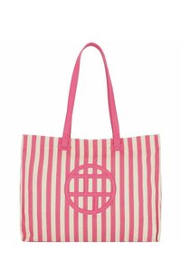 Sac tote en toile avec des rayures verticales roses et crème, comportant un patch logo rond rose au centre et des poignées doubles roses.