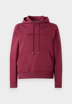 Burgundi kapuutsiga pusa, millel on esi-känguru tasku, stringidega kapuuts ja reljeefne "MICHAEL KORS" logo. Pehme, sile kangastekstuuri.