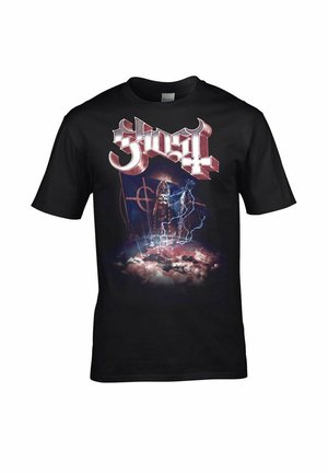 T-shirt di cotone nero con grafica colorata che raffigura una figura con fulmini, nuvole e la scritta "Ghost" in caratteri bold.