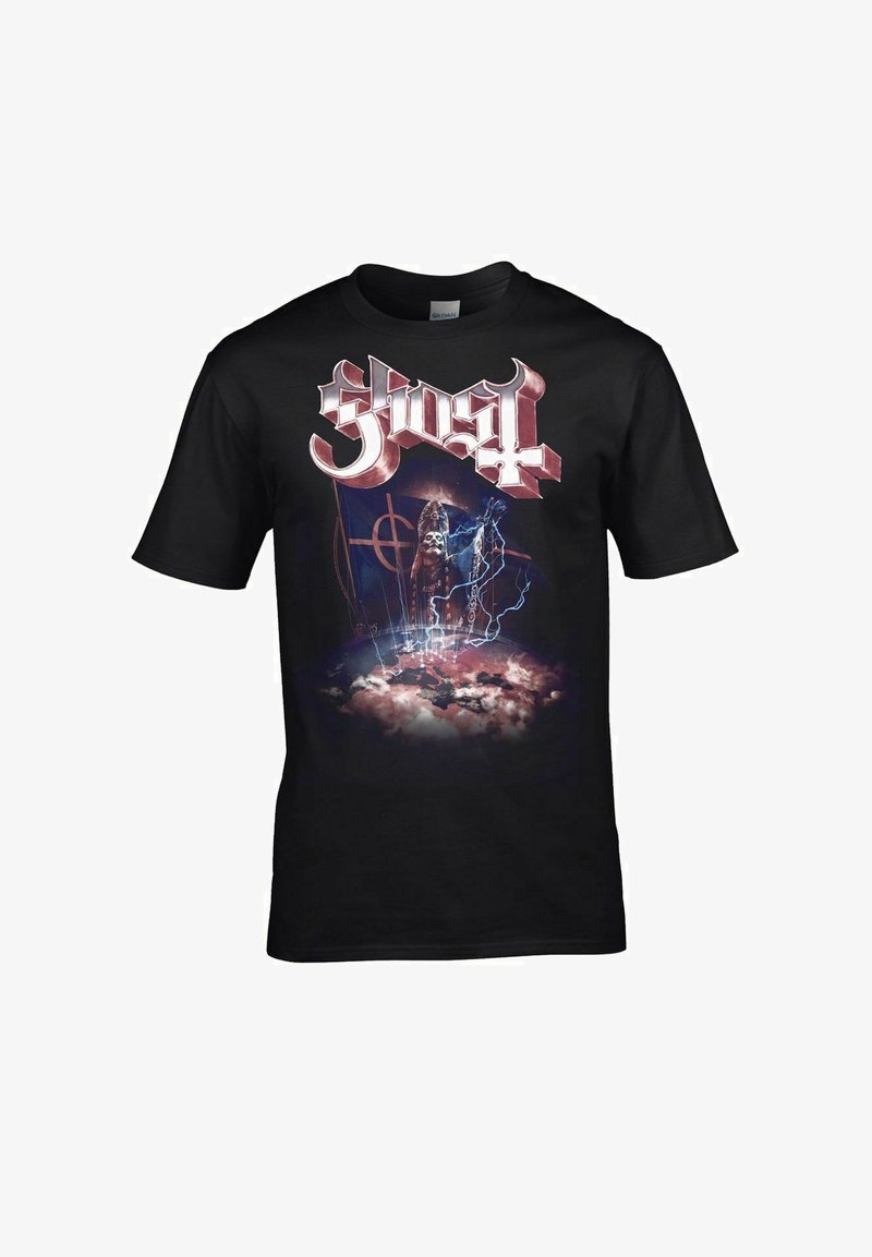 Černé bavlněné tričko s barevnou grafikou postavy s blesky, mraky a textem "Ghost" v tučném písmu.