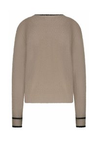 Pull beige en tissu texturé et duveteux. Présente un col rond, des manches longues et des accents rayés noirs aux poignets et à l'ourlet.