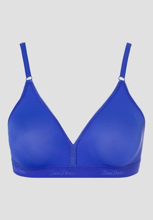 Blue bralette with a smooth, stretchy fabric. Features adjustable straps, a V-neck design, and an elastic band with "BeeDees" logo.