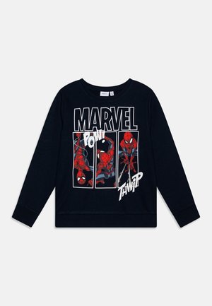 Czarna, długorękawowa bluza wykonana z bawełny, z logo Marvel i grafikami Spider-Mana w czerwieni i bieli na ciemnym tle.