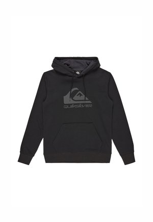 SVART hettegenser med frontlomme, med en grå Quiksilver-logo på brystet og snorer i utringningen.