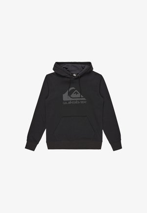 Zwarte hoodie met een voorzak, voorzien van een grijs Quiksilver-logo op de borst en trekkoorden bij de hals.
