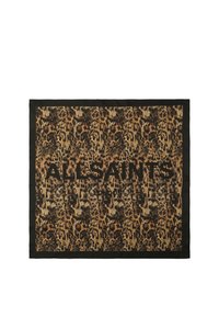 Leopardmønstret tørklæde med en sort kant og fed "ALLSAINTS LONDON" tekst centralt placeret. Blødt stof med struktureret mønster.