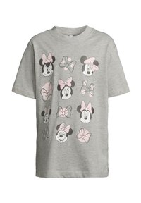 Pelēka kokvilnas T-kreklu, uz kura attēlotas deviņas Minnie Mouse sejas ar rozā sirsniņām dažādās izteiksmēs. Apaļa kakla izgriezums un īsas piedurknes.