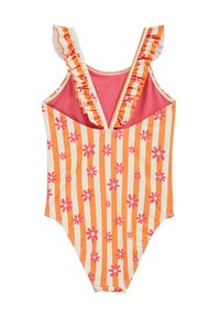 Enodelne kopalke z rožnim vzorcem rožnate barve na oranžnih in belih navpičnih črtah. Ima naborke na naramnicah in globok V-izrez na hrbtu.