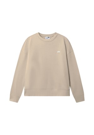 Beżowa bluza z okrągłym dekoltem, długimi rękawami i małym białym logo na lewej piersi, prezentowana na białym tle.