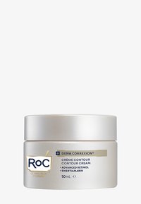 Contenant de crème contour Roc Derm Correxion, 50 mL. Pot argenté et blanc avec une finition lisse et des accents dorés sur l'étiquette.