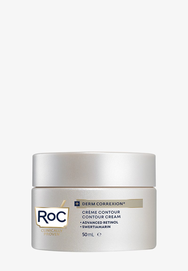 Contenant de crème contour Roc Derm Correxion, 50 mL. Pot argenté et blanc avec une finition lisse et des accents dorés sur l'étiquette.