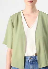 Lysegrønn, kortermet kimono-jakke laget av et gjennomsiktig stoff, lagdelt over en hvit V-hals skjorte, kombinert med høy midje denimjeans.