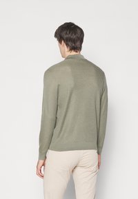 Light green knitted sweater with a textured pattern, long sleeves, and a ribbed collar, viewed from the back.