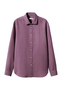 Camisa de manga larga en un tono púrpura claro, hecha de una tela texturizada. Presenta un cuello puntiagudo y cierre de botones en la parte delantera.
