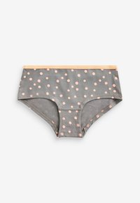 Grijze katoenen slip met roze stippen, elastische tailleband in een lichte perzikkleur en gestikte randen. Klassieke vorm met volledige dekking.