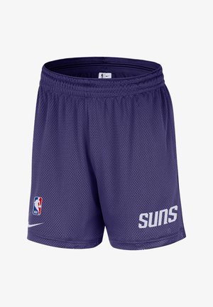 Shorts de basketball en mesh violet avec le texte "suns", le logo NBA et le swoosh Nike à l'avant, dotés d'une taille élastique.
