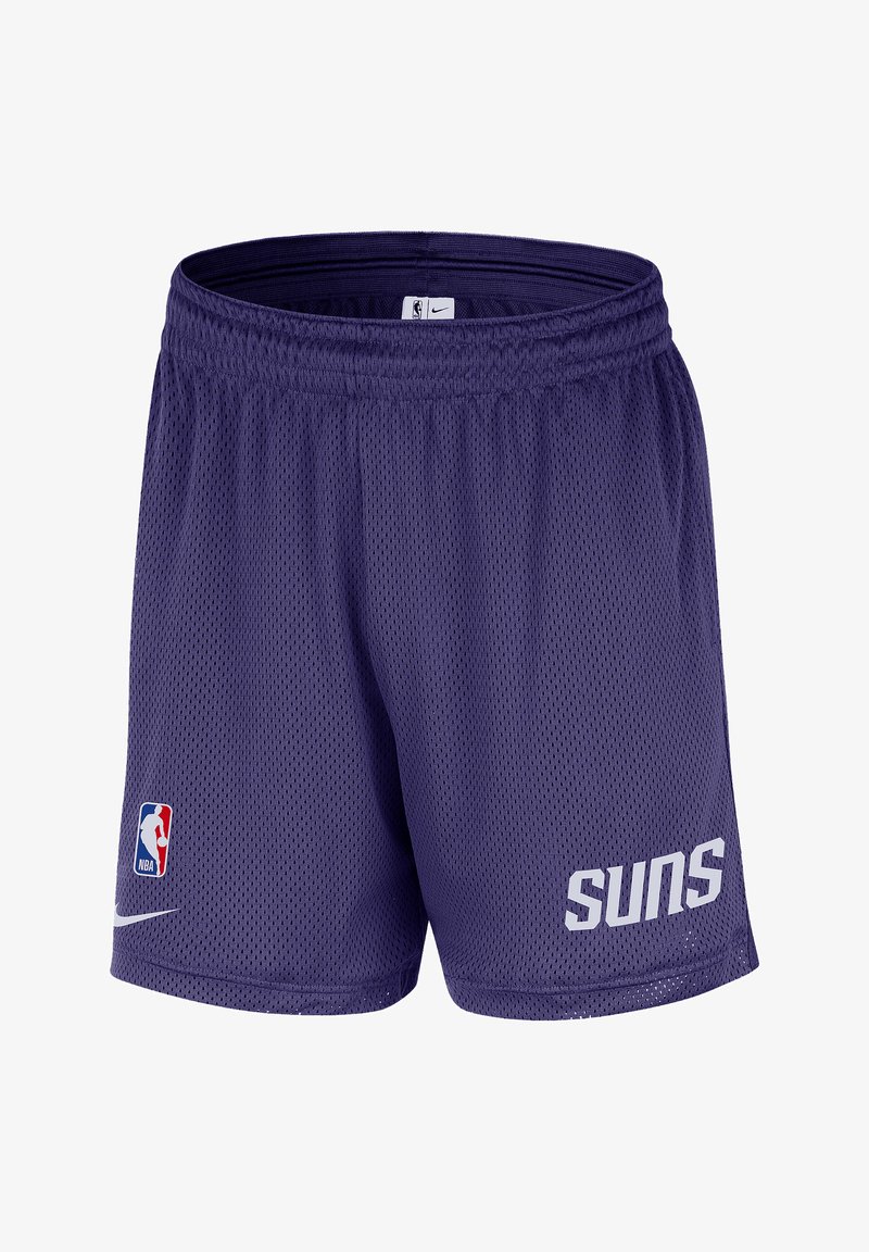 Shorts de basketball en mesh violet avec le texte "suns", le logo NBA et le swoosh Nike à l'avant, dotés d'une taille élastique.