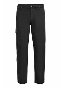 Black cargo pants featuring a straight leg design, front pockets, and a side cargo pocket. Made from durable cotton material.