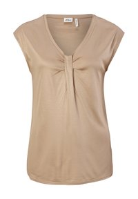 Top beige a maniche corte con scollatura a V e dettaglio centrale a torsione. Realizzato in un tessuto liscio e leggero con orlo leggermente arrotondato.
