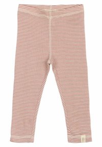 Leggings a rayas en suave tela rosa claro y crema, con una cinturilla elástica, puños redondeados y una pequeña etiqueta de logo en el lado izquierdo.