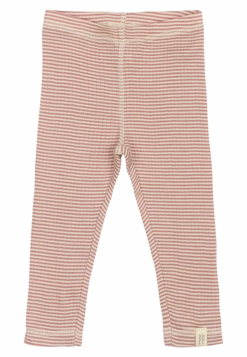 Leggings a rayas en suave tela rosa claro y crema, con una cinturilla elástica, puños redondeados y una pequeña etiqueta de logo en el lado izquierdo.