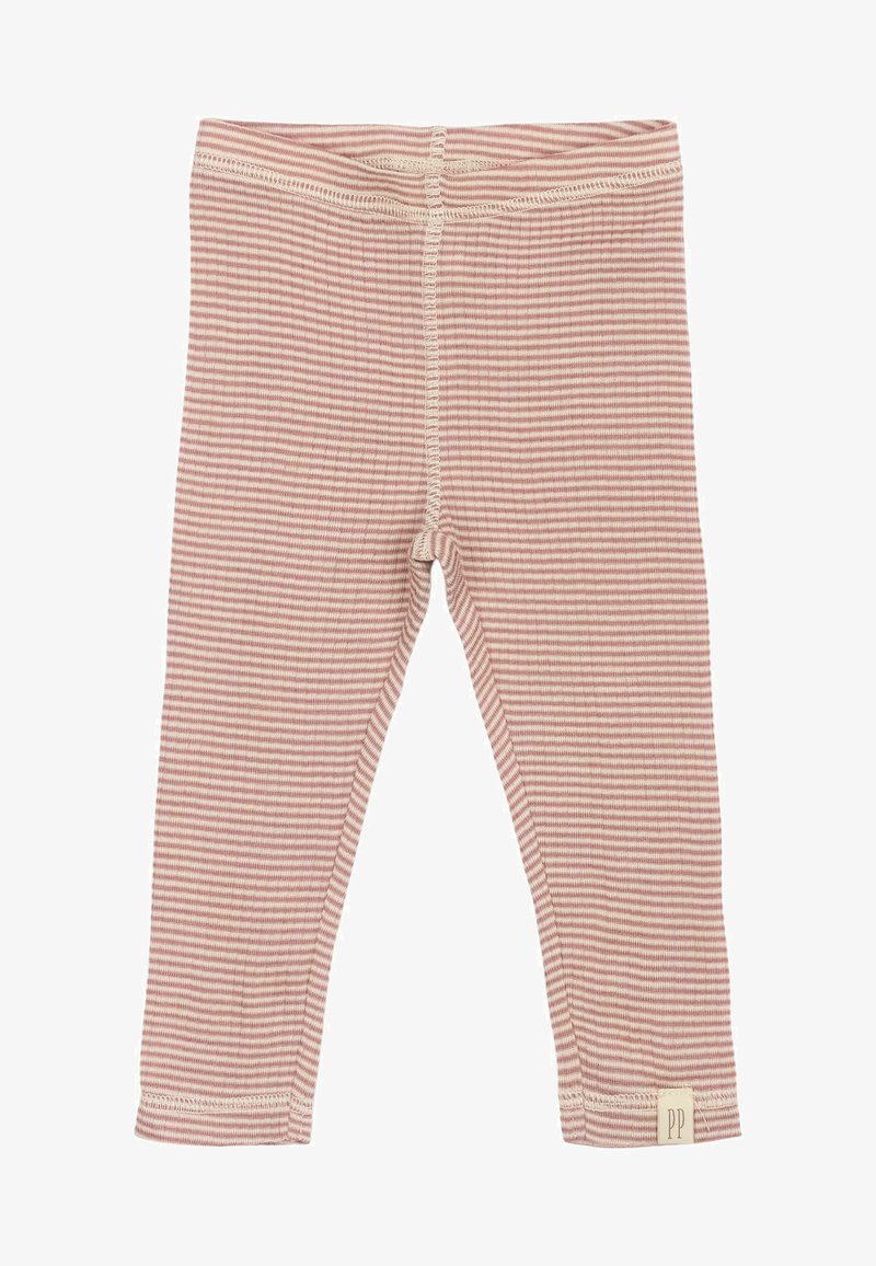 Pruge pajkice iz mehkega roza in kremnega blaga, z elastičnim pasom, okroglimi manšeti in majhno oznako na levi strani.