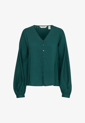 Błękitna koszula zapinana na guziki z dekoltem w serek, długimi bufkami i subtelnymi pionowymi paskami. Posiada zapięcie na guziki i prosty krój dolnej krawędzi.