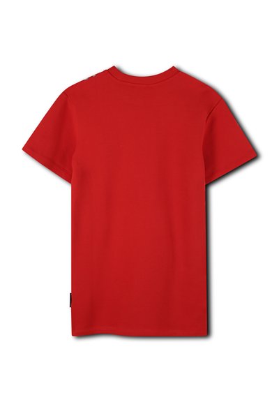 T-shirt en coton rouge avec un col rond et des manches courtes. Texture lisse sans motifs ni accents visibles. Vue de dos montrée.