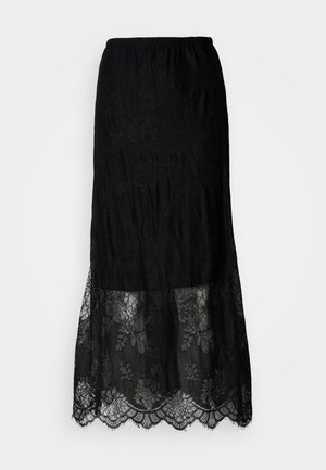 Svart maxi-skjørt med en teksturert øvre del og en blondekant nederst med blomsterdesign og bølgede kanter. Elastisk linning.