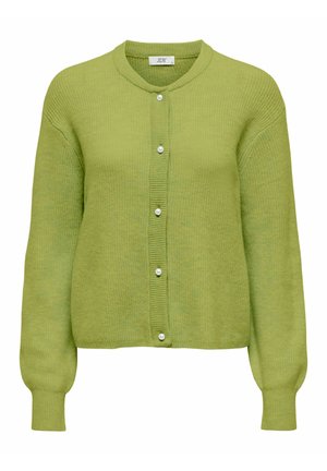 Cardigan tricoté vert clair à manches longues et encolure ronde, avec cinq boutons blancs sur le devant et des poignets côtelés.
