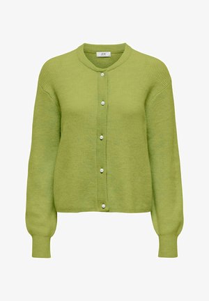 Lys grønn strikket cardigan med lange ermer og rund hals, med fem hvite knapper foran og ribbestrikkede mansjetter.