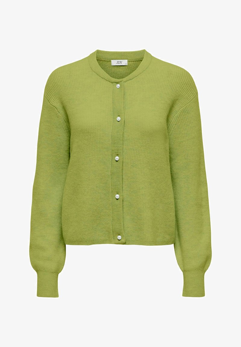 Lichtgroene gebreide cardigan met lange mouwen en een ronde halslijn, voorzien van vijf witte knopen aan de voorkant en geribbelde manchetten.