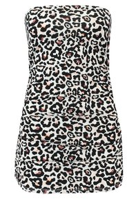 Mini abito senza spalline con stampa leopardata, caratterizzato da una silhouette aderente, texture arricciata e una palette di colori che include nero, beige e accenni di arancione.