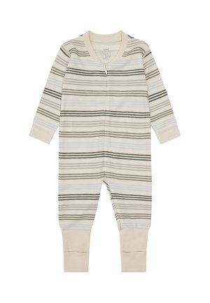 Combinaison bébé à manches longues avec des rayures horizontales beige, vert olive et bleu clair, des poignets côtelés et une fermeture éclair à l'avant.