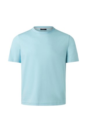 Hellblaues T-Shirt mit kurzen Ärmeln und Rundhalsausschnitt, schlichtem Design und kleinem schwarzem Etikett im Nackenbereich.