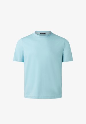 Hellblaues T-Shirt mit kurzen Ärmeln und Rundhalsausschnitt, schlichtem Design und kleinem schwarzem Etikett im Nackenbereich.