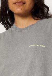 Grå bomullströja med rund halsringning, korta ärmar och en liten gul text med "COLOURFUL REBEL" tryckt på övre vänstra sidan.