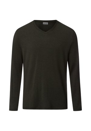 Pitkähihaisessa V-kaula-aukkoshirtissä on tummanvihreä kangas. Tasainen rakenne, rento istuvuus ja minimaalinen ompelu.