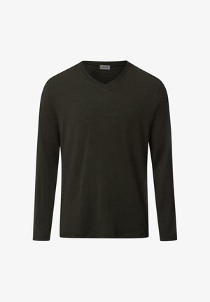 Pitkähihaisessa V-kaula-aukkoshirtissä on tummanvihreä kangas. Tasainen rakenne, rento istuvuus ja minimaalinen ompelu.