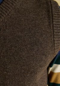 Suure plaaniga pruun kudumistehnikas särk, millel on soonikkudumismuster ja osa triibulisest varrukast rohelise, valge ja sinepikollase tooni kombinatsioonis.