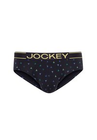Boxer da uomo in blu navy scuro con un motivo triangolare multicolore. Presenta un elastico dorato con il logo "JOCKEY". Realizzato in tessuto morbido ed elastico.