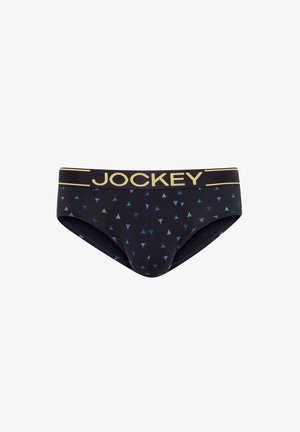 Herenonderbroek in donkerblauw met een veelkleurig driehoekig patroon. Heeft een gouden tailleband met het "JOCKEY" logo. Gemaakt van zachte, rekbare stof.