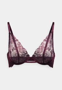 Csipke bralette sötét burgundi színben, virágmintákkal és állítható selyempántokkal, áttetsző, félig átlátszó kialakítással.