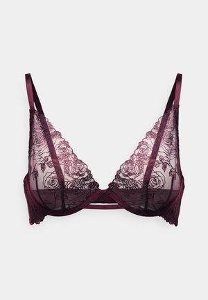 Lace bralette in deep burgundy, featuring floral patterns and adjustable satin straps, with a sheer, semi-transparent design.