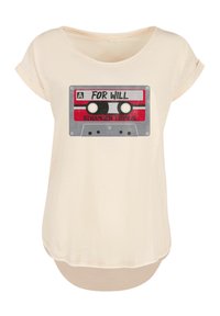 Beige short-sleeve T-shirt featuring a graphic of a cassette tape with red and black accents, labeled "FOR WILL" and "STRANGER THINGS."
