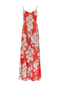 Maxi šaty z červené látky, zdobené bílými květinovými vzory, s tenkými nastavitelnými ramínky a vrstveným volánkovým lemem na spodní části.