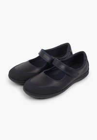 Pantofi Mary Jane de culoare bleumarin închis, fabricați din piele și textil, având vârful rotund, curea ajustabilă și talpă din cauciuc. Finisaj neted, fără modele.