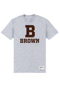 Grå bomulds-t-shirt med et stort brunt "B" og ordet "BROWN" trykt med fed skrift. Inkluderer et lille mærke i nederste hjørne.